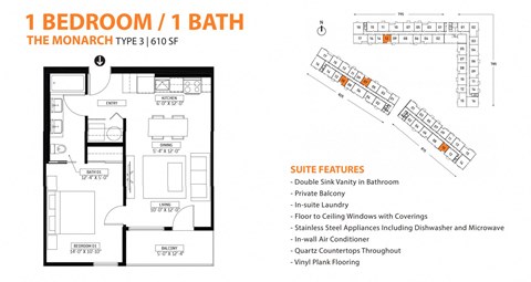 Floor plan for 1 bed, 1 bath, 610 sqft